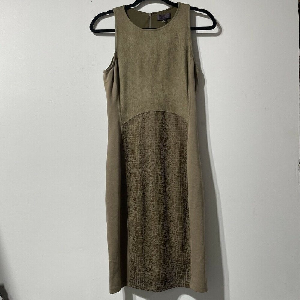 Hale Bob Tan Crocodile Embossed Fitted Faux Suede Knee Length Dress Size Small